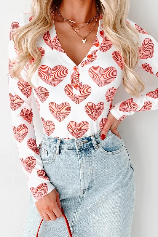 Madly In Love Spiral Heart Print Long Sleeve Bodysuit (Red/White)