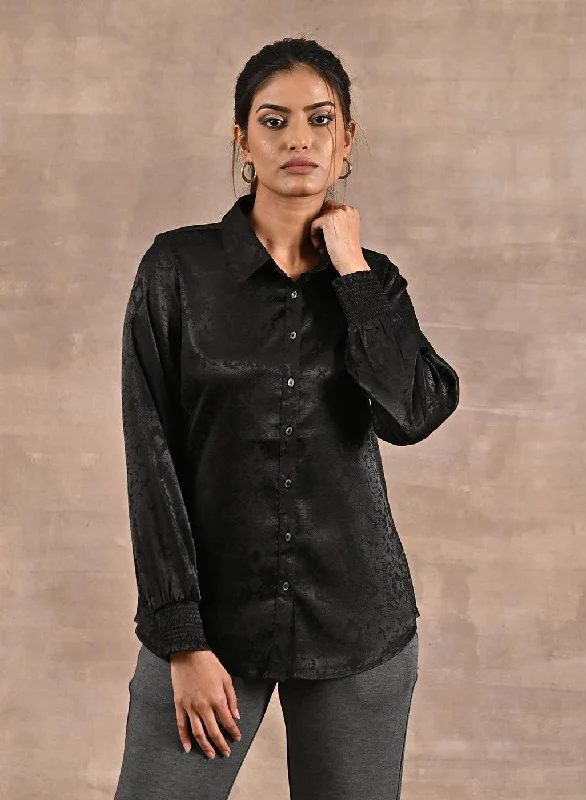 Black Aztec Printed Satin Shirt with Gathered Sleeves