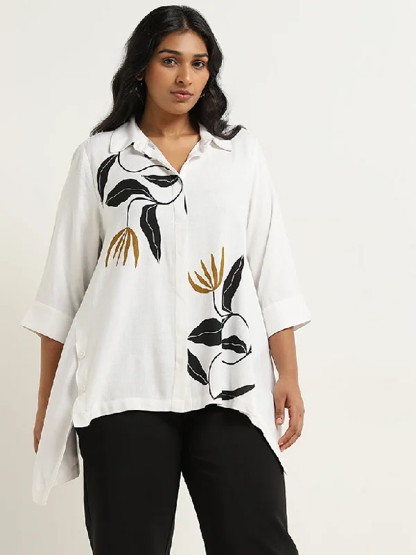 Gia White Foliage High-Low Cotton Shirt