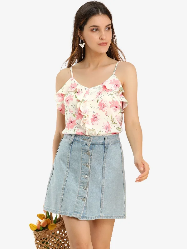 Spaghetti Strap Ruffle Floral Cute Tops Cami Top