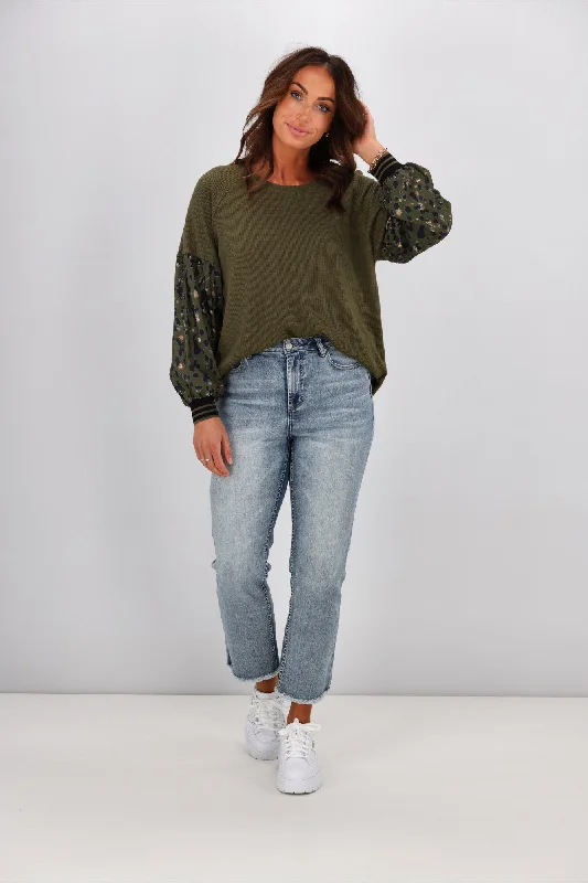 Shine On label Loren Contrast Sleeve Top Olive